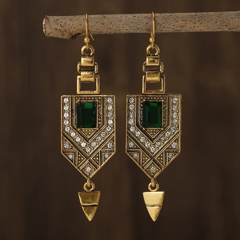 Ethnic Square Green Stone Earrings Vintage Originality Gold Color Metal Carving Pattern Hanging Accessory Dangle Earrings
