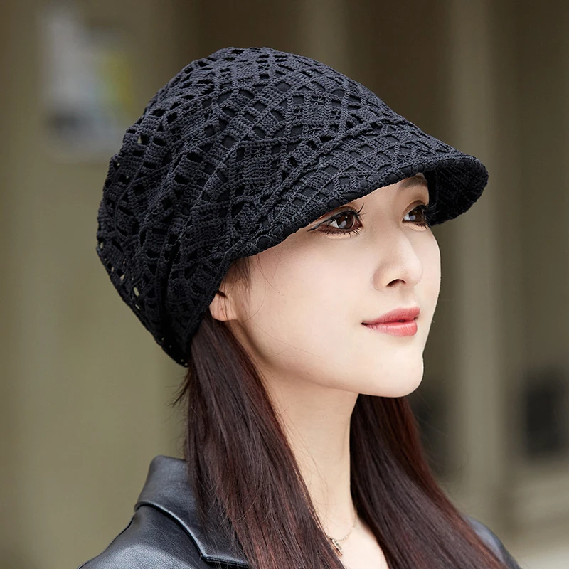 Casual Soft Beanies Cap Short Brim Bonnets for Women Loose Crochet Women Baseball Cap Autumn Winter Foldable Earflap Hats Hollow