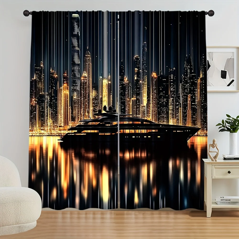 2 Panels Modern Cityscape Rod Pocket Curtains Night View Skyscraper Landscape Art Print for Living Room Bedroom Drapes