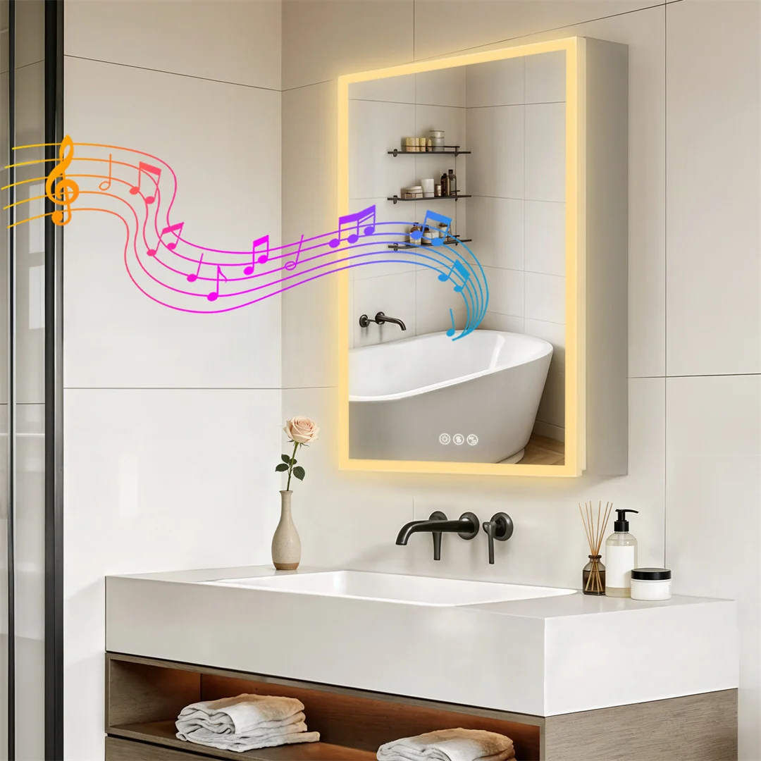LUVODI 50x70cm Bathroom Mirror Cabinet with Bluetooth,LED Lighted Storage Vanity Mirrored Medicine Cabinet Dimmable Defog
