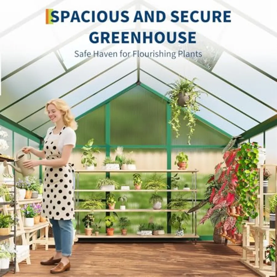 6x8 FT outdoor greenhouse: aluminum frame, green polycarbonate panels, easy assembly, roof vent, sliding lockable door, walk-in
