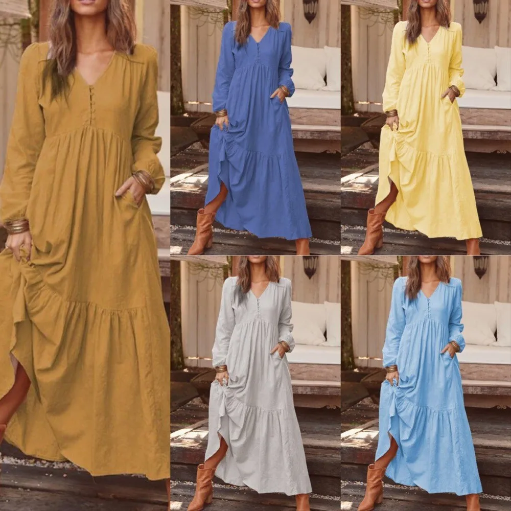 Vestido de Mujer de Algodón con Cuello en V y Manga Larga, Vestido Maxi con Falda Escalonada en Amarillo Mostaza, Vestido Casual con Bolsillos Laterales en Azul Marino