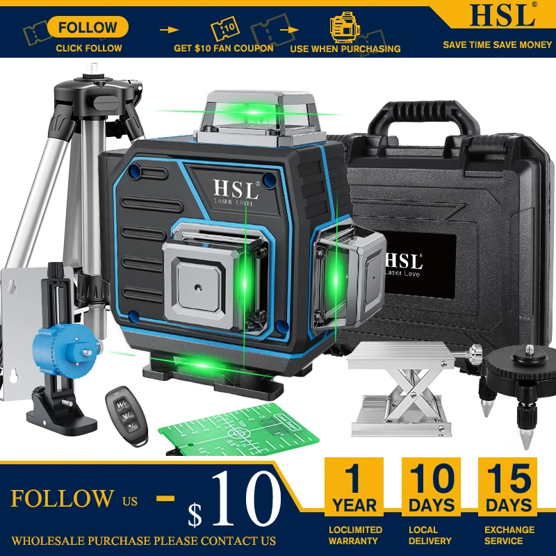 

HSL 12 16 Lines 3D 4D Green Laser level 360 Self-leveling optical leveler module construction tool building cross rotary tripod