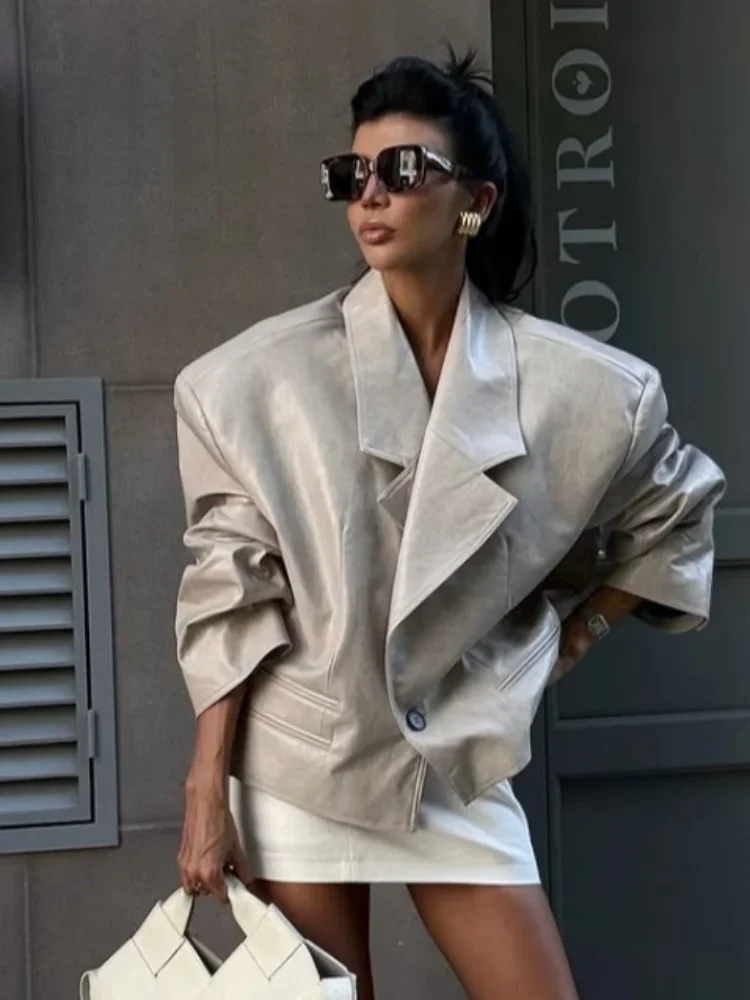 

Women Wide Shoulder Leather Jacket Solid Lapel Full Sleeve Single Breasted Short Coat Chic Autumn New Lady High Street Outwear
