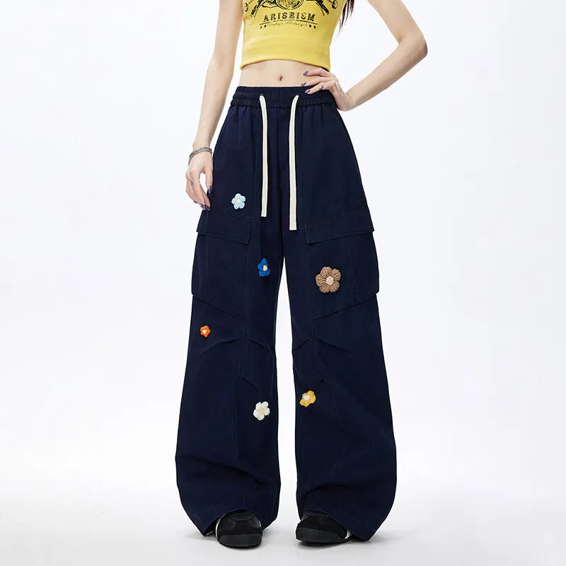100% سراويل البضائع القطنية خمر الزهور الجيش الأخضر الفضفاضة Y2k Harajuku Sweatpants ملابس العمل الكورية السراويل للجنسين ركض الملابس