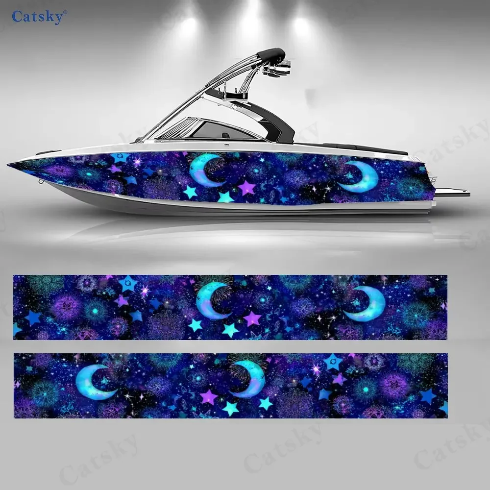 2Pcs Moon & Star Mandala Boat Stickers, PVC Waterproof Durable Vinyl Wrap Decals for Fishing Boats, Durable and Stylish Design
