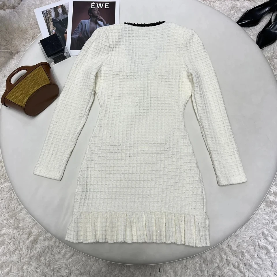 2024 new women's fashion long-sleeved V-neck sequined waffle contrasting bow dress