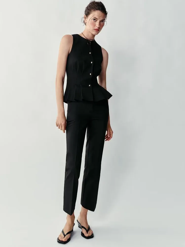 New Summer 2026 Women's Fashion Pleated Decorated Top Flared Pants round Neckline Slim Fit Traditional Chinese Style Clothing