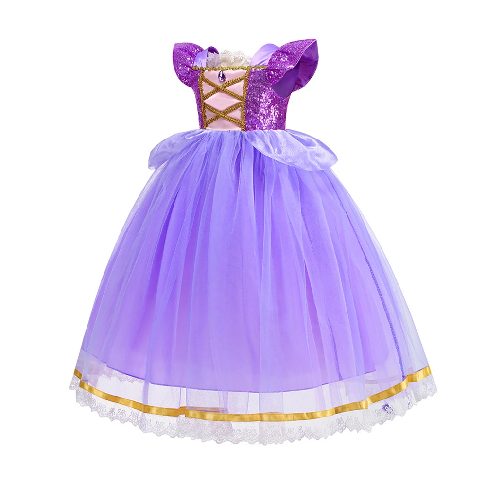 Flying Sleeves Purple Sequin Long Hair Princess Costume Dress for Girls Birthday Large Back Bow Tulle Ball Gown Dress for Kids