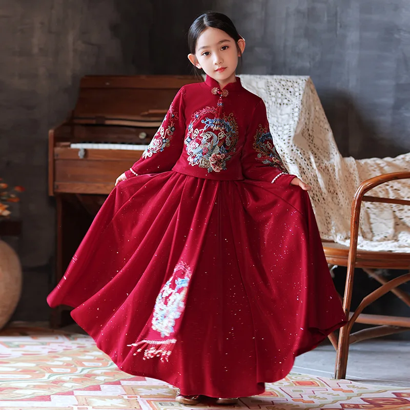 Red Flower Girls Dress For Party Evening Long Formal Pageant Gown Vintage Chinese Kids Brithday Dress Chinese New Year Clothes