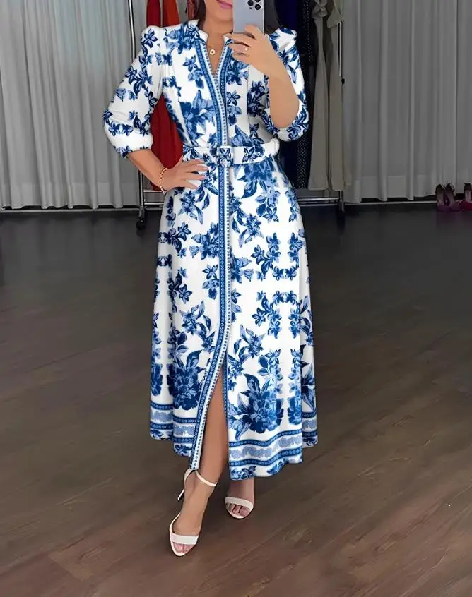 

Gorgeous Floral Print V-Neck Slit Dress Paired with a Belt: Perfect for Any Occasion