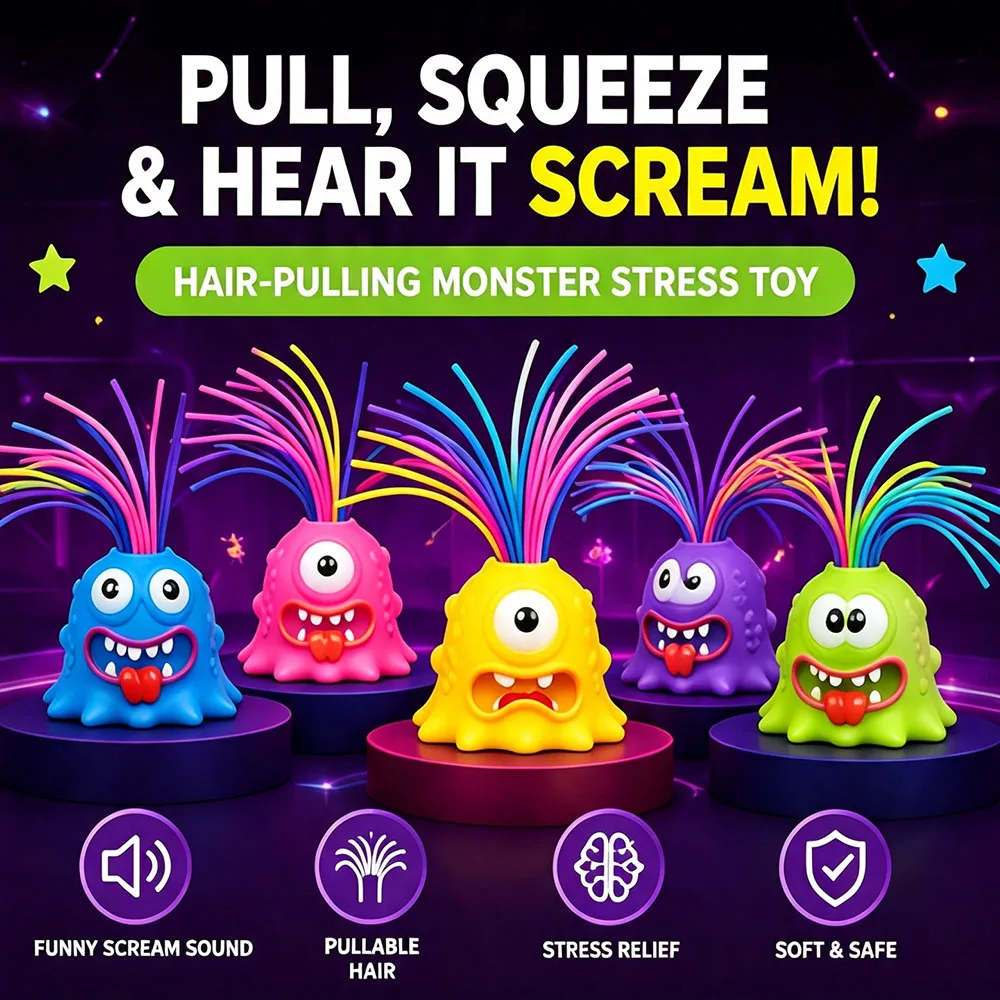 Viral Screaming Monster Hair Pulling Sound Effect Tactile Gadget Quirky Ugly Cute Desk Setup Novelty Gag Gift Goodie Bag Favor