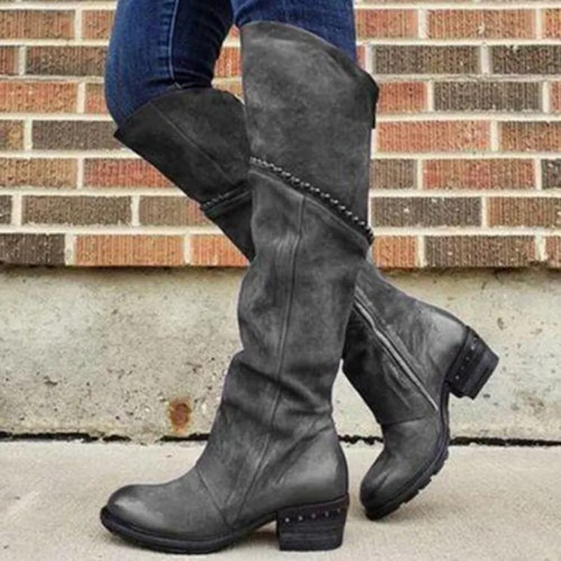 Women Knee-High Boots Autumn and Winter Retro Round Head  Leather Side Zipper Warm Low Heel Women's Boots Large Size 40-43