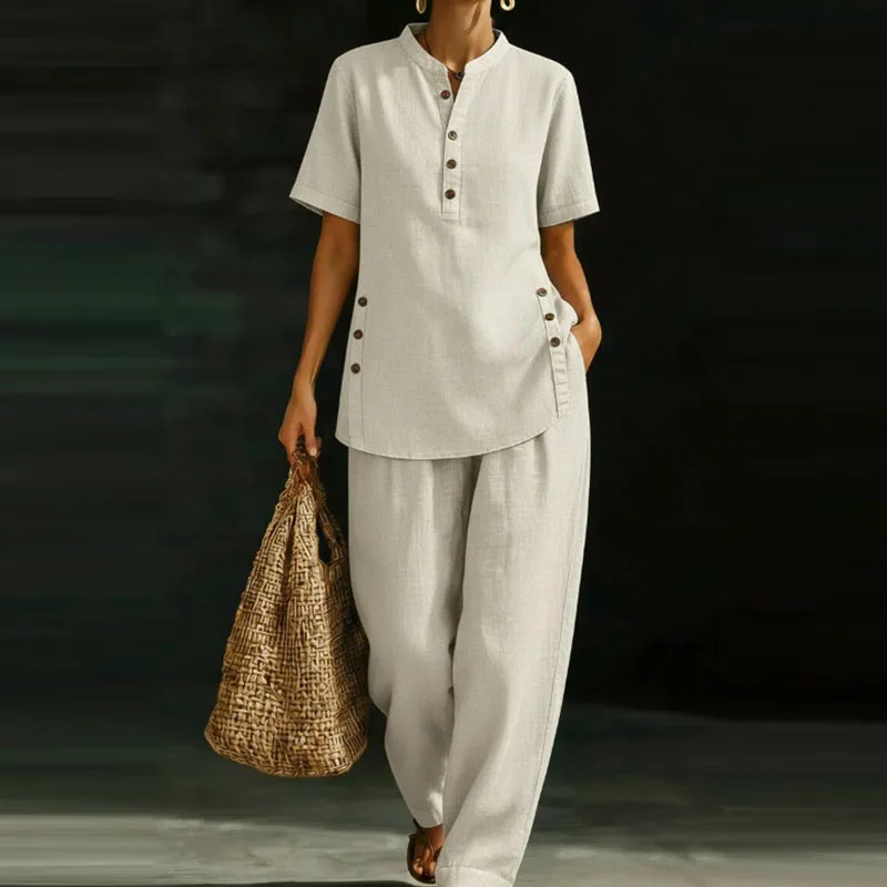 Greenora Casual Button O Neck Blouse Shirts & Wide Leg Pants Set Woman Spring Solid Loose 2 Piece Outfit Summer Short Sleeve Fem