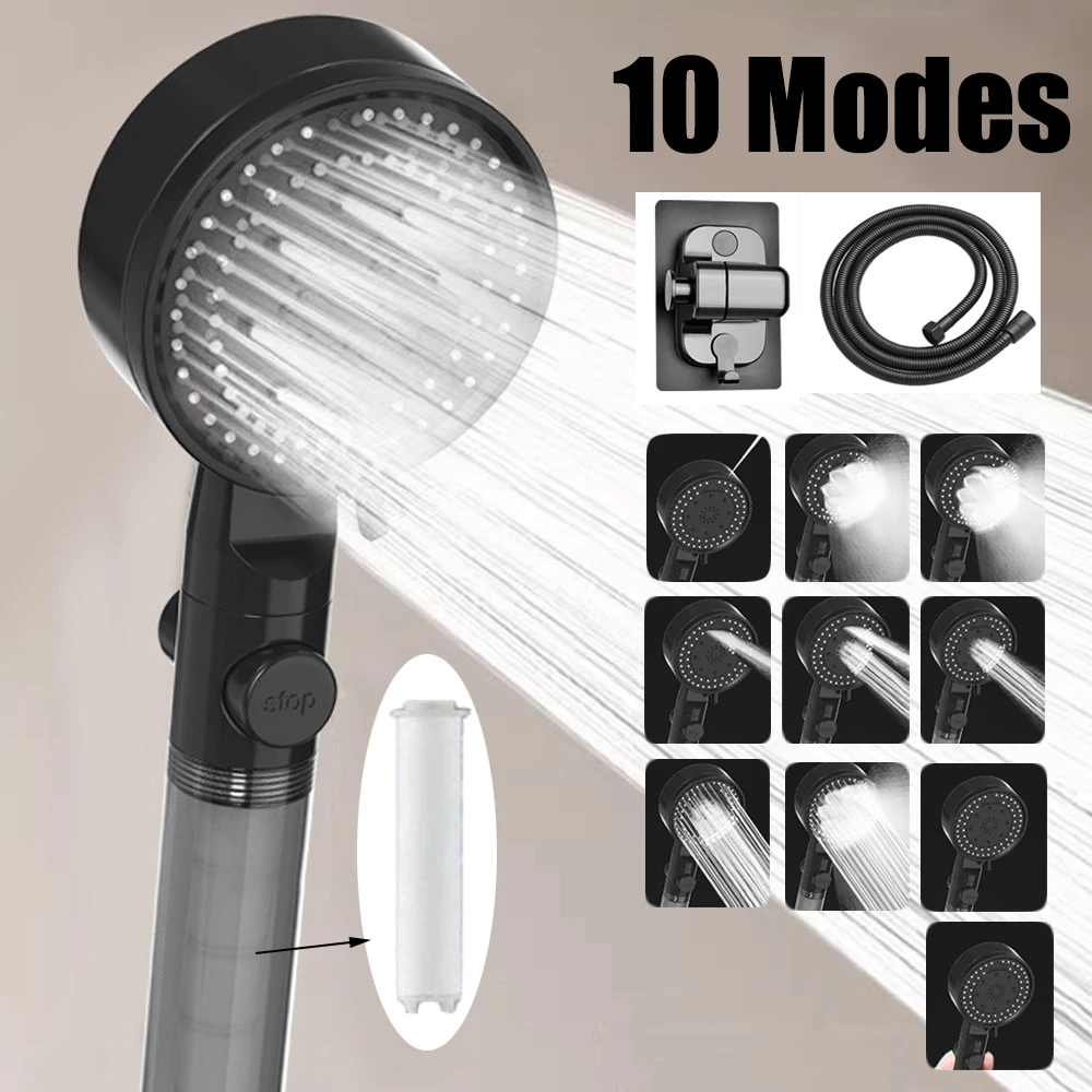 10 Spray Filtered Shower Head High-Pressure Handheld Water Saving Showerhead Fall Resistance Black White Bathroom Shower Nozzle 