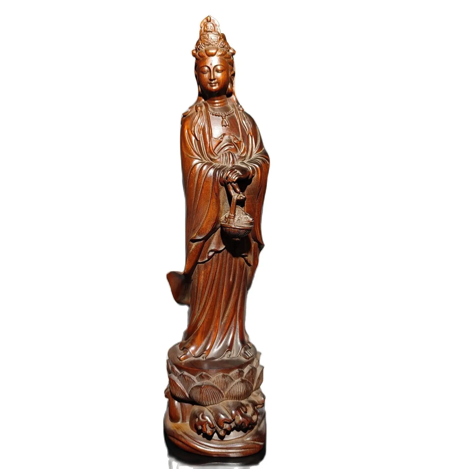 vintage boxwood carving wooden buddha Kwan-yin bodhisattva Wood Figure Guanyin sculpture statue desk Study souvenir