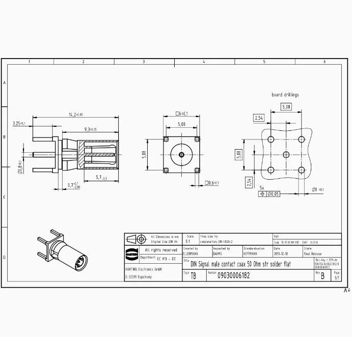 Коаксиальный штырь 09030006182 HARTING 1.5A, прямой штырь для разъема «мама»