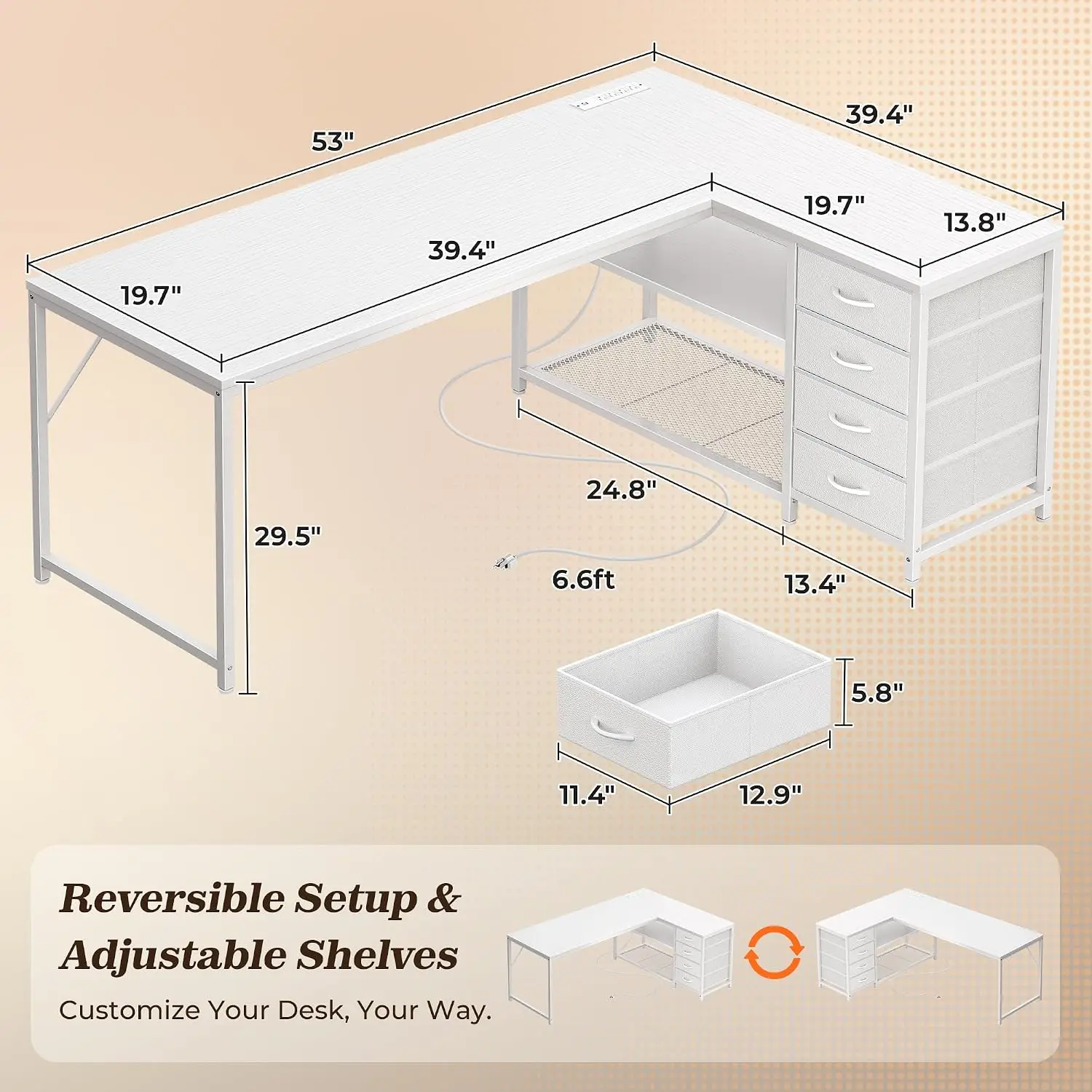 White 53 Inch L Shaped Desk Power Outlets 4 Drawers Reversible Computer Desk 2 Storage Shelves Large Corner Office Desk Gaming W