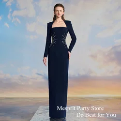 Navy Blue Evening Dress Customized Long Sleeve Beading Sequined Floor Length Straight Saudi Arab Prom Gown Banquet Party Dress