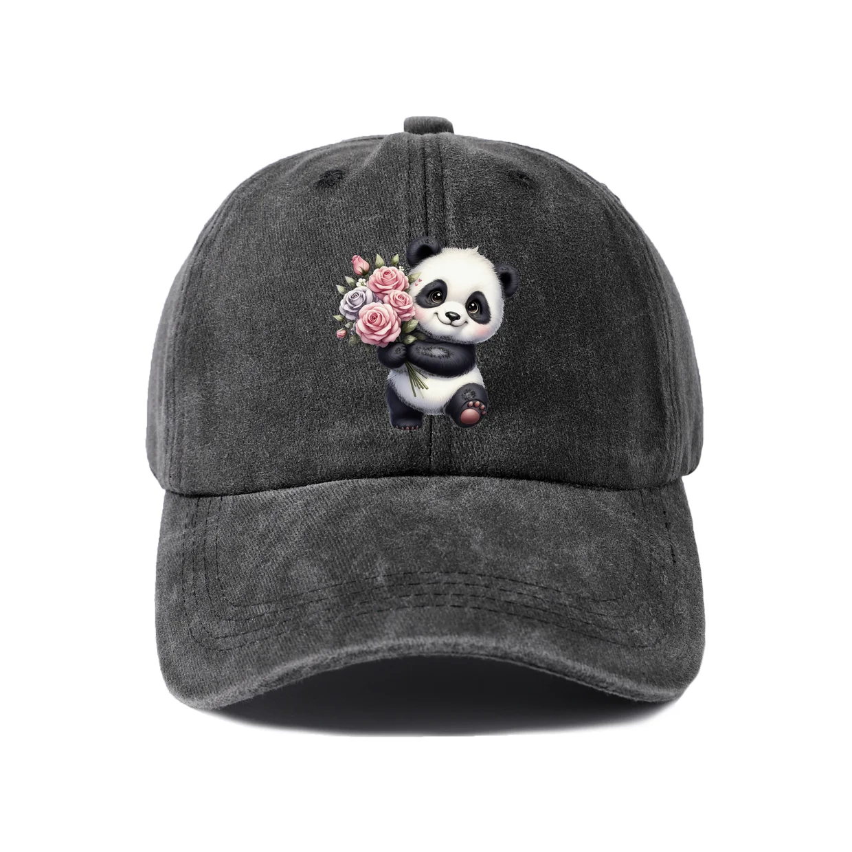 Panda Holding Pink Roses Graphic Vintage Washed Baseball Cap, Adjustable Unisex Dad Hat for Men and Women