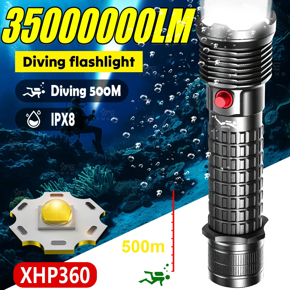 Professional Diving Flashlight USB C Rechargeable LED Flashlight IPX8 Underwater Dive Lantern for Scuba Diving Fishing Submarine