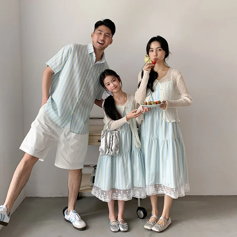 2026 Summer Family Matching Outfits Striped Button Down Shirt & Cami Tiered Midi Dress Set For Mom Dad Kids Beach Wear
