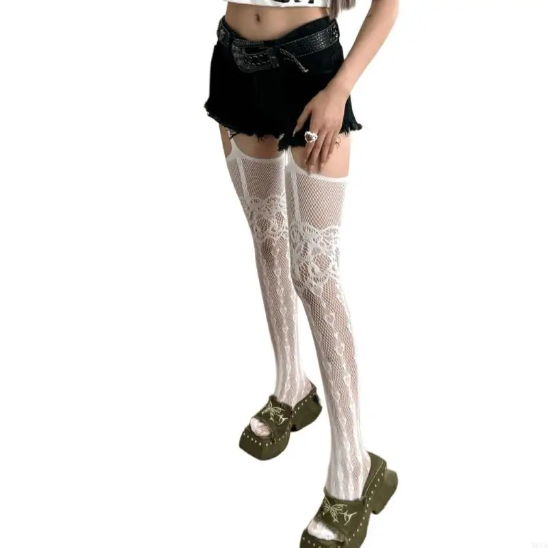 W0YA Women Hollowed Fishnet Garter Belt Pantyhose Subculture Punk Heart Patterned Sheer Thigh High Stockings Suspender Tights