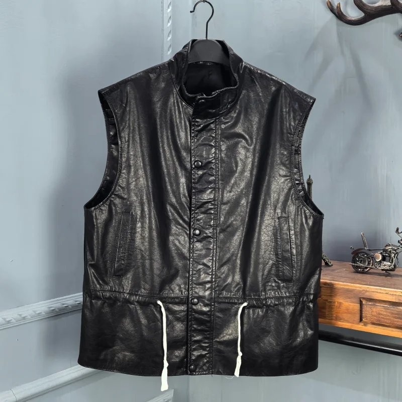 

Модный кожаный жилет с воротником-стойкой средней длины из вощеной кожи для женщин, осень-зима 2025, новинка, стройнящий силуэт, модный дизайн