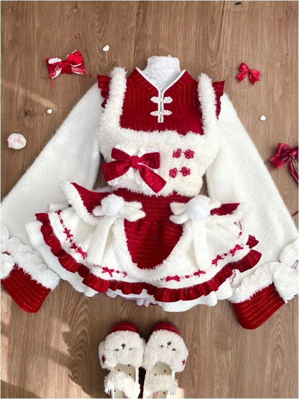 الشتاء احتفالي الحلو فتاة Cisas السنة الجديدة المخملية درع منتفخ تنورة المرأة Faion مجموعة المحملة قطعة زر متابعة طويلة Sve #2