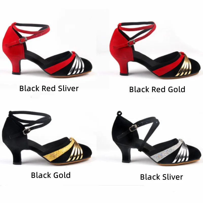 Women Latin Dance Shoes Suede Sole Gold Silver Red Ballroom Tango Dancing Shoes Closed Toe Cuban Heels Party Dance Shoes