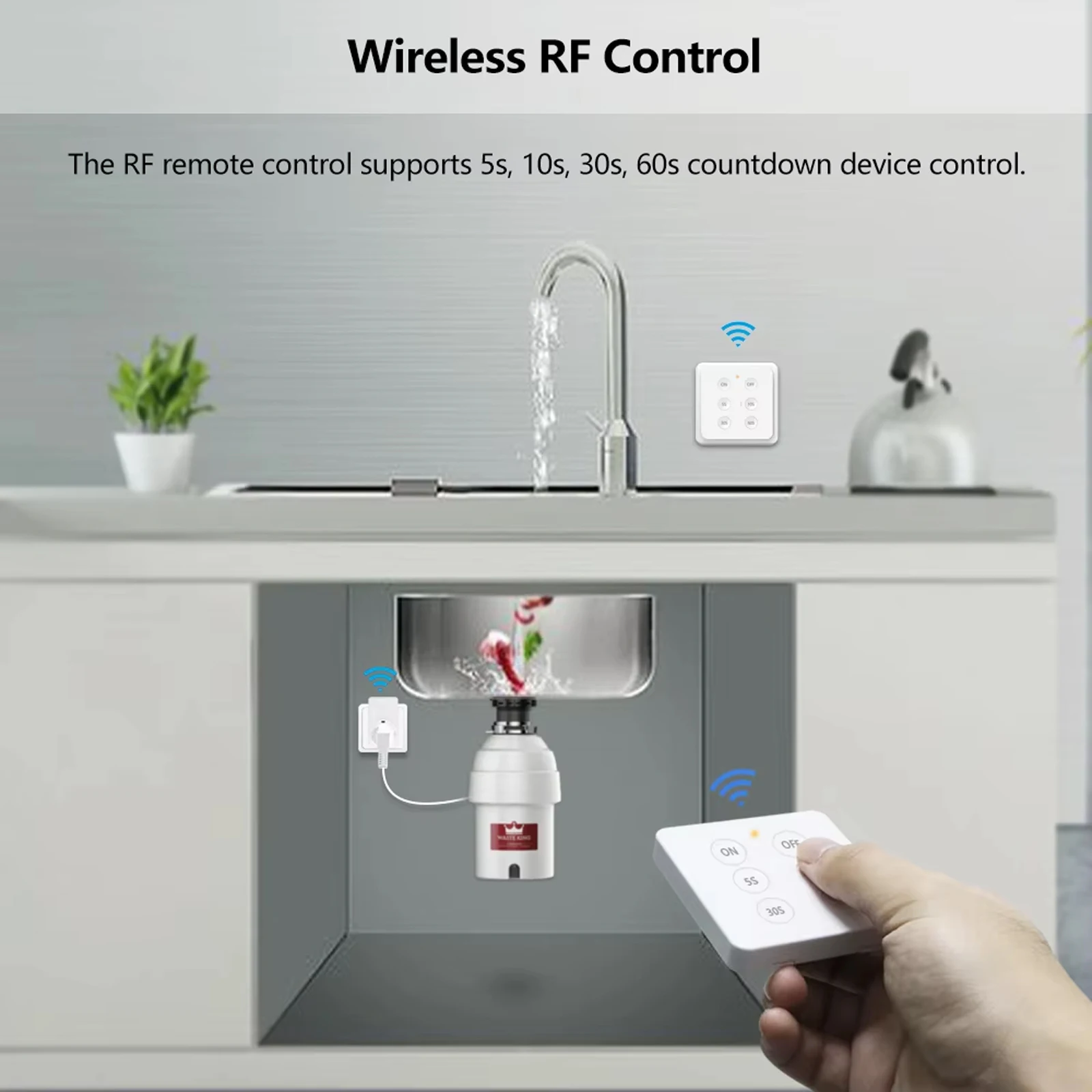 QCSMART RF868Mhz Wireless EU Korea Plug Outlet Socket For Food Waste Grinder Fan Pump 30s/60s Timer Remote Control