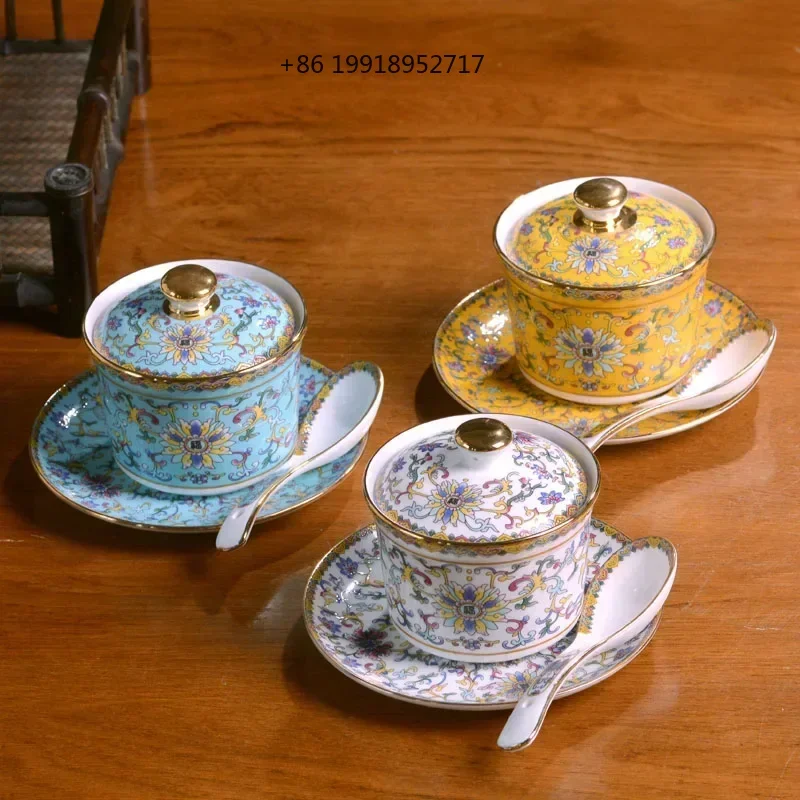 Tea Tureen Jingdezhen Ceramic Stew Enameled Color Chinese Bone China Style Soup Pot Hotel Health Club Soup Bowl Gift JJ535