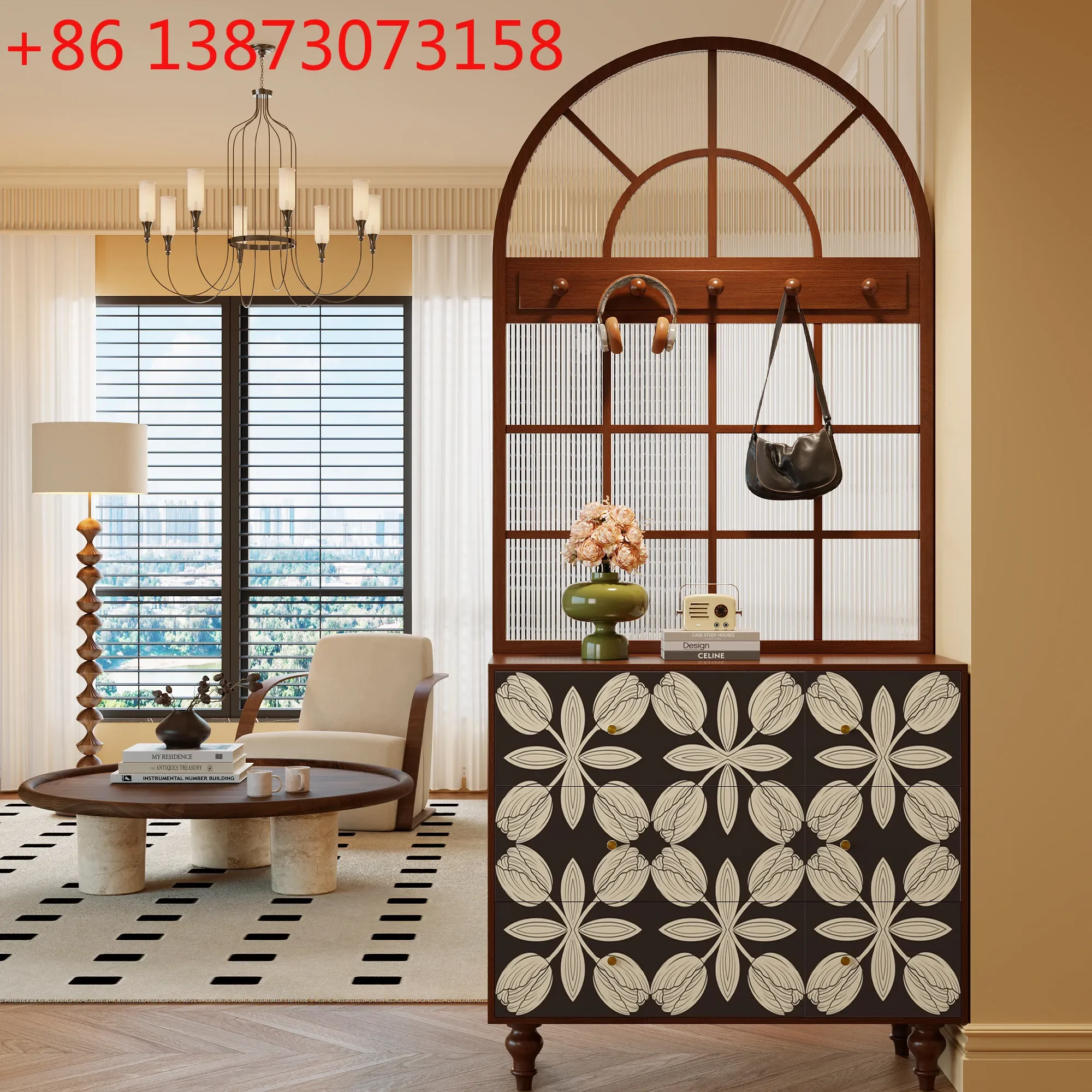 French retro abstract solid wood entry door screen Changhong glass partition living room storage locker