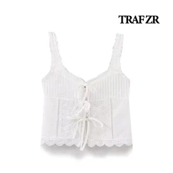 TRAF ZR Off Shoulder Cropped Top Lace Wide Straps Tanks & Camis Cozy Front Lace-up Embroideried Camisole Summer Tank Top