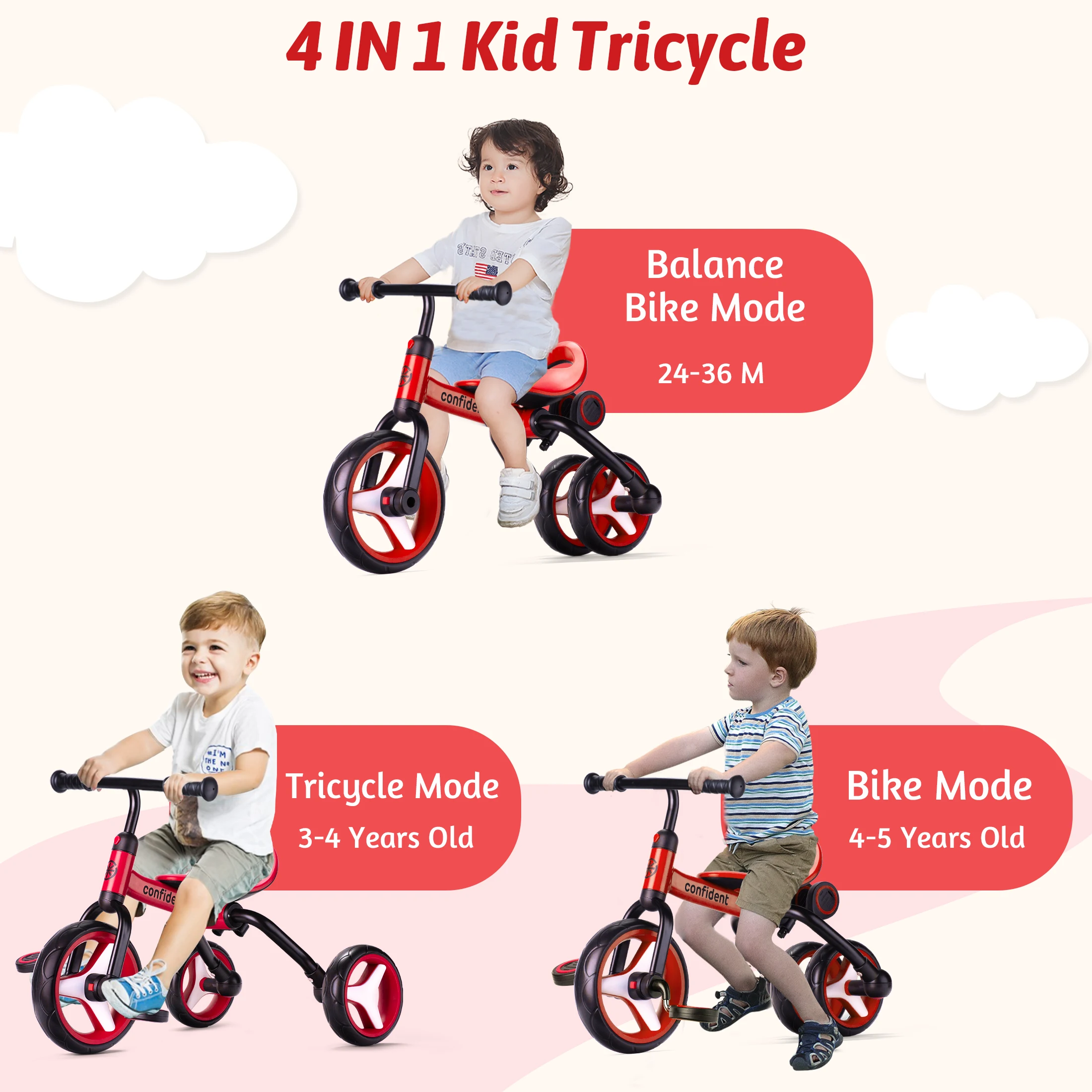 4 In 1 Kids Tricycle For 2-5 Years Old Boy & Girl Gift, Folding Toddler Balance Bike With Removable Pedals Balance Training Bike