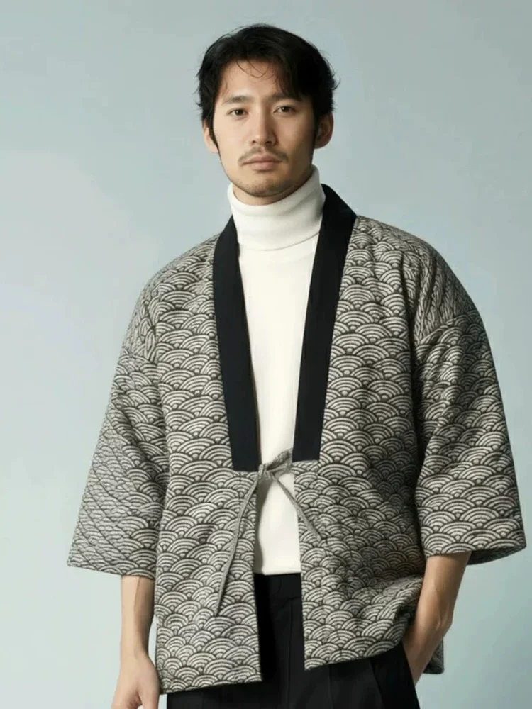 Japanese-style Autumn/Winter Quilted Cotton Coat: Half-Wrap Home Wear Padded Jacket, Unisex Couples' Outerwear, Wrap-Over Lined