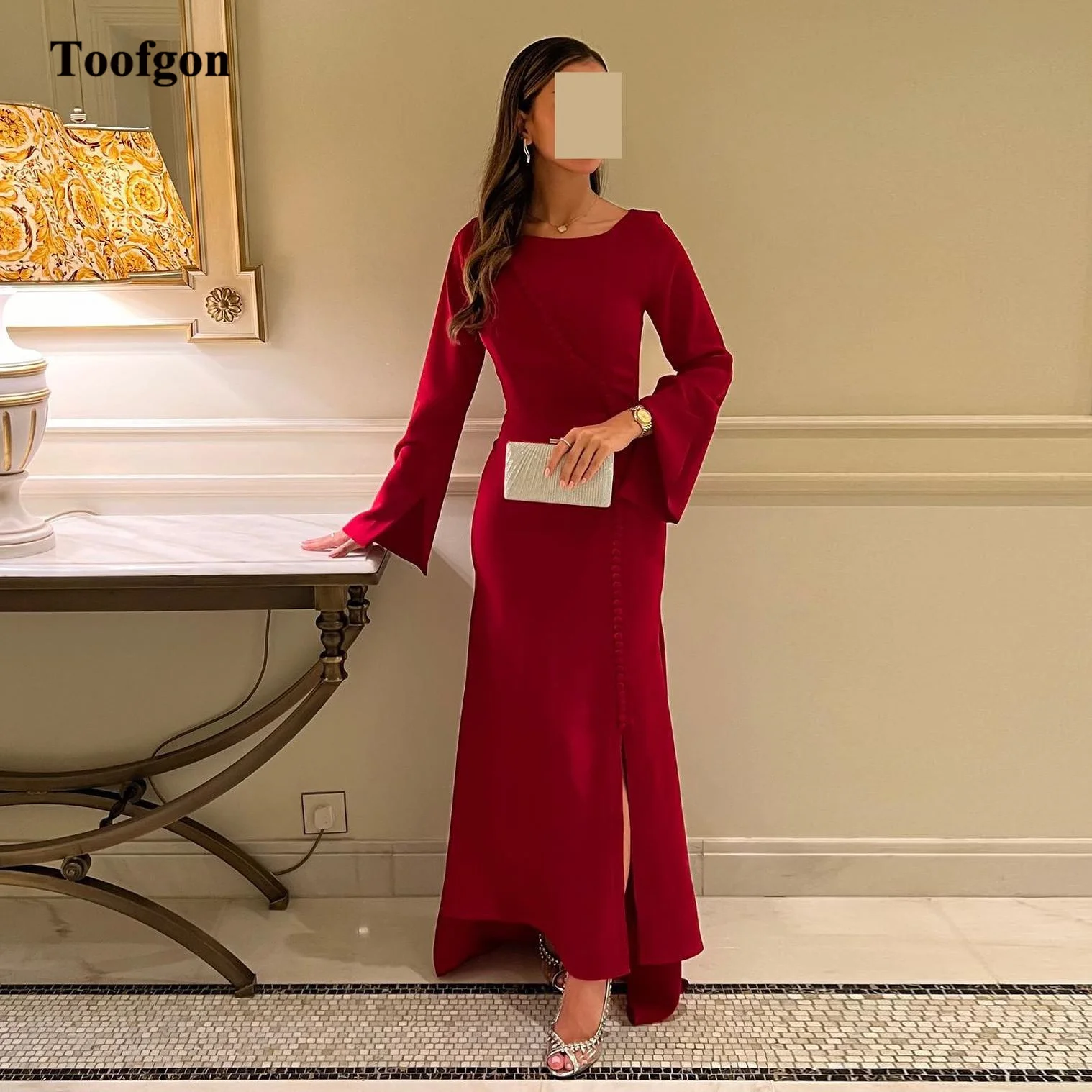 

Toofgon Burgundy Mermaid Saudi Arabia Prom Dresses Long Sleeves Buttons Scoop Women Formal Evening Gowns Special Party Dress