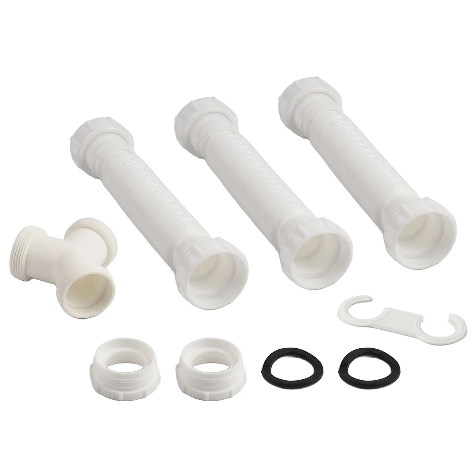Quick Fit Double Sink Drain Solution with Adjustable Length Ranging from Standard Dimensions of Both Pipe Types