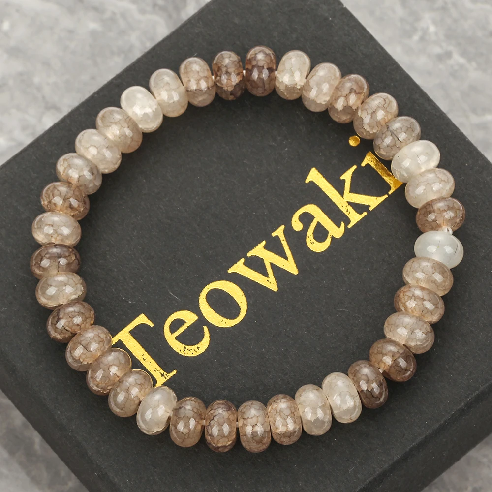 TeoWaki Natural Brown Crackle Crystal Stretch Bracelet Flat Oval Vein Beads Stackable Daily Jewelry Decor Holiday Best Gift 19cm