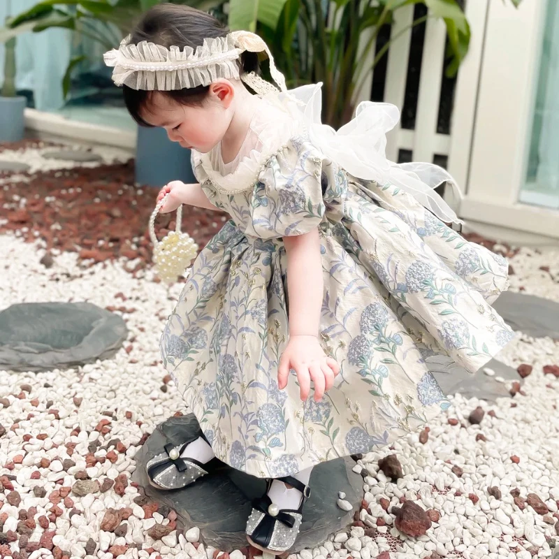 High-End Flower Turkish Girls Dresses for Easter Eid Kids Princess Ball Gown Evening Birthday Party Dress Bow Vintage Children