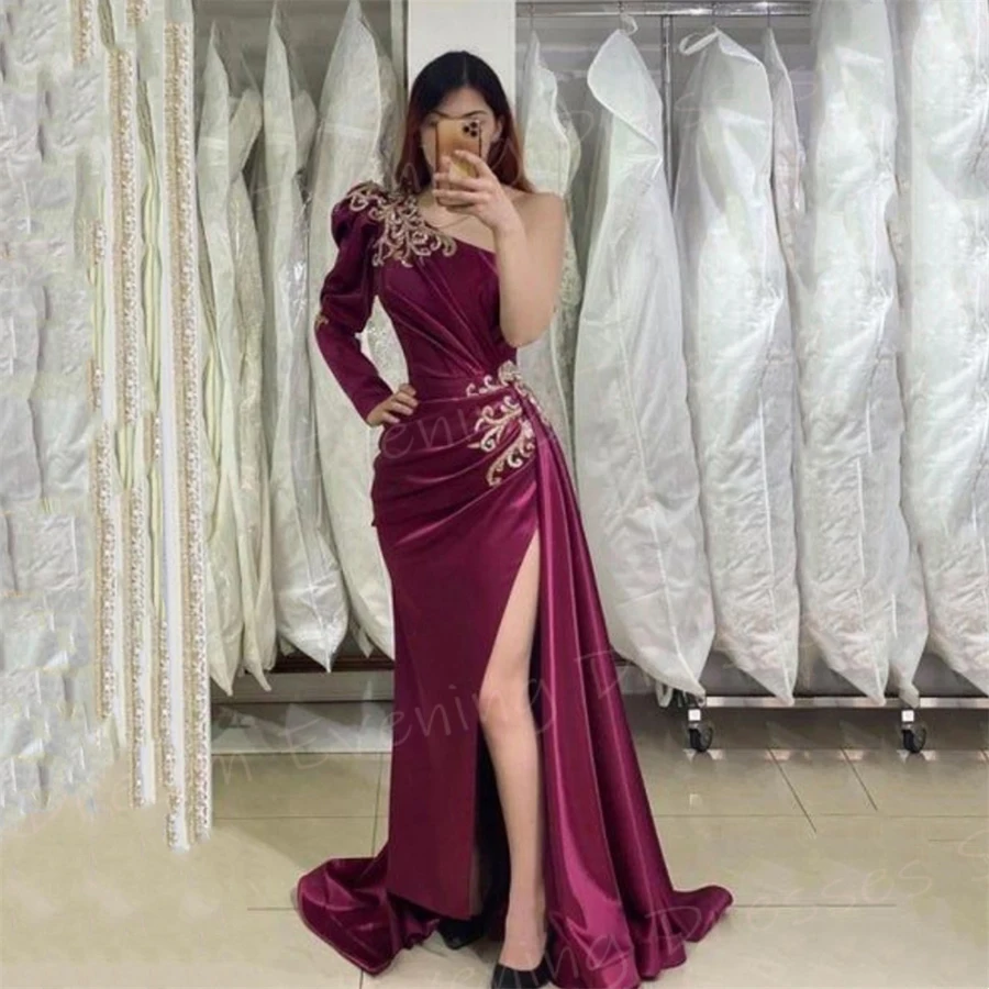 Elegant Mermaid Classic Women's Evening Dresses Sexy One Shoulder Prom Gowns High Side Split Appliques Pleated Vestido De Noche