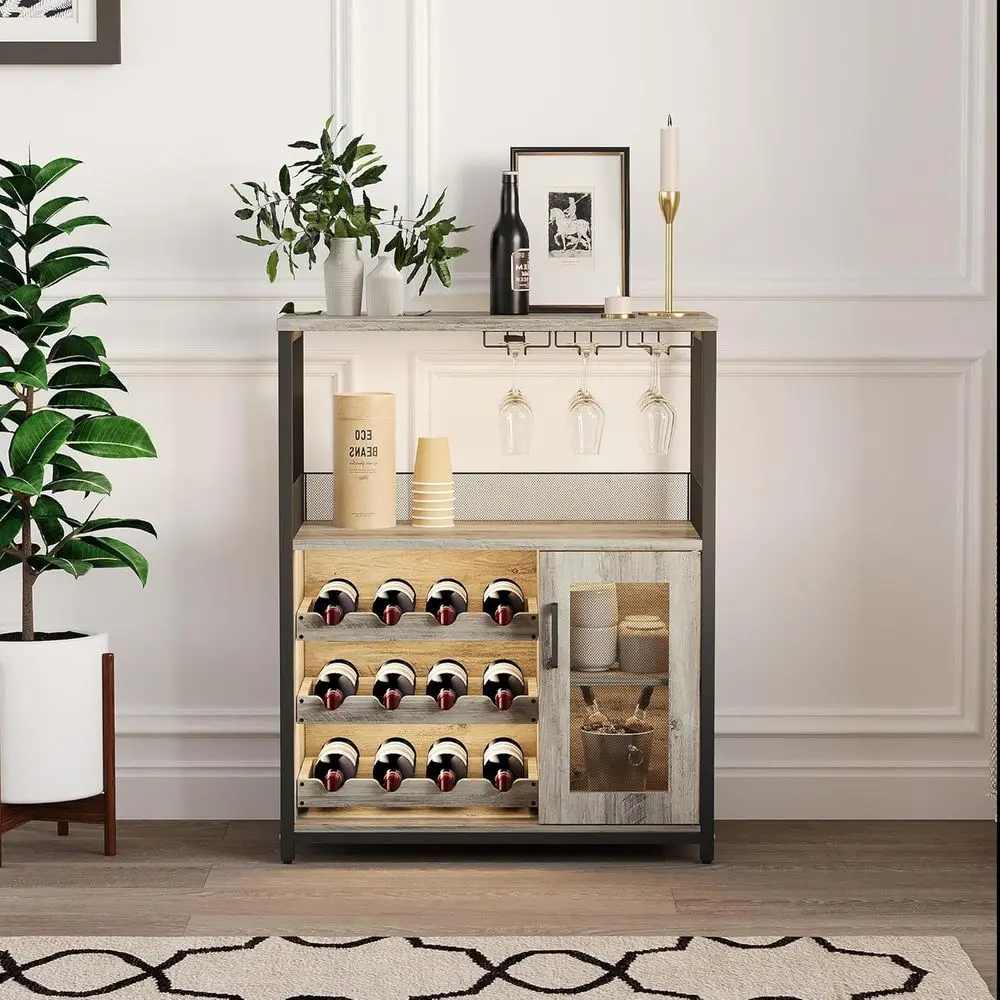 

Detachable Rack Wine Bar Cabinet, LED-lit Liquor Coffee Cabinet, Storage Sideboard Buffet for Dining Room
