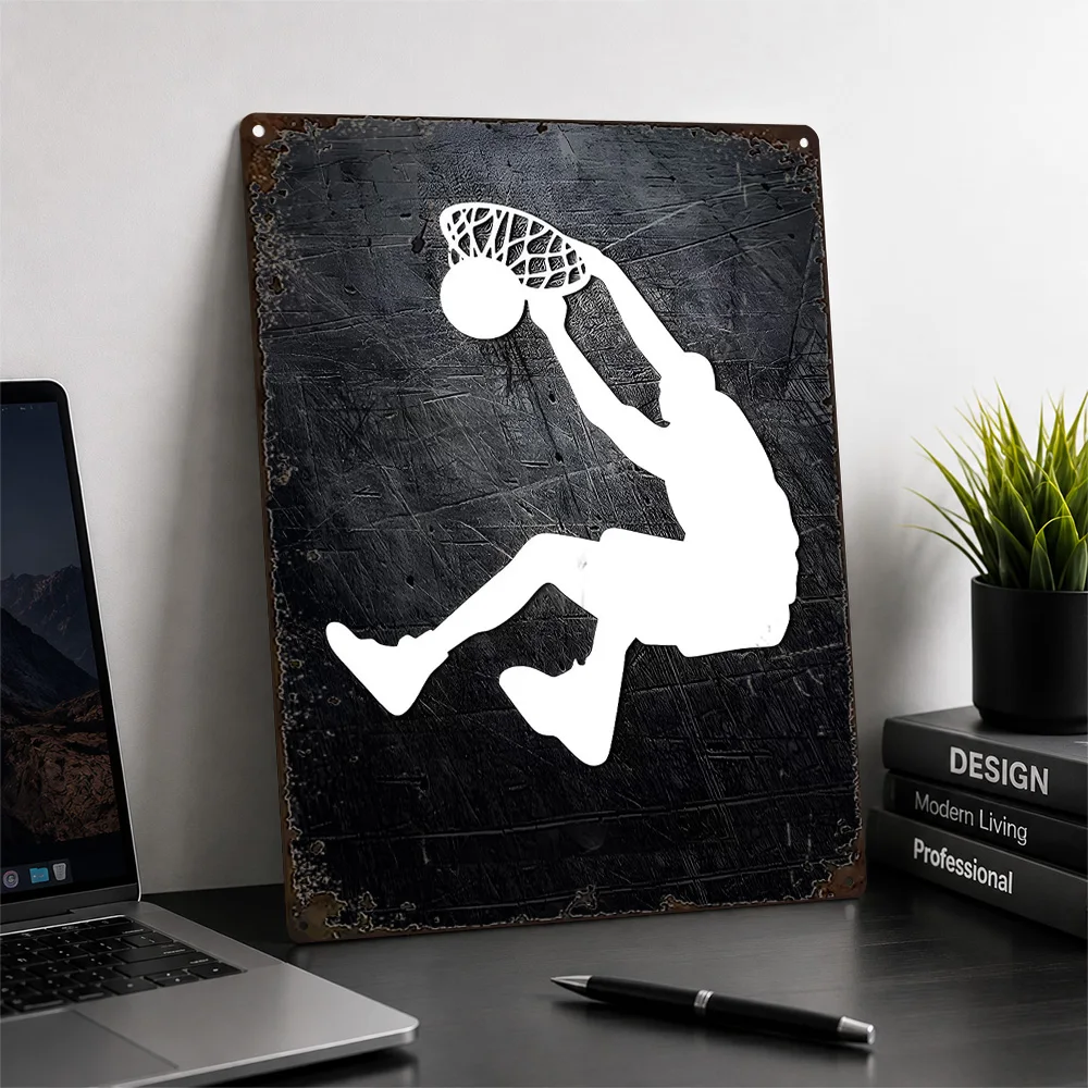 Basketball Dunk Silhouette Aluminum Poster Graphic Design Wall Art For Training Studio Customized Metal Sign Sports Fan Gift