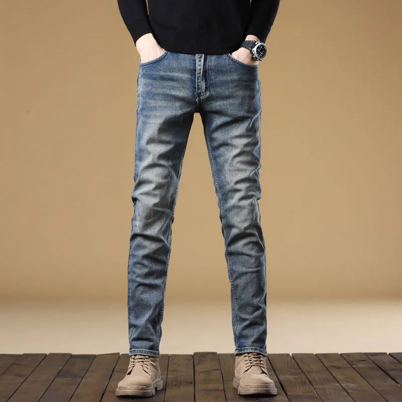 Men's Jeans Vintage Blue Solid Color Elastic Straight Classic Jeans Men Brand Slim Fashion Versatile Men's Long Trousers