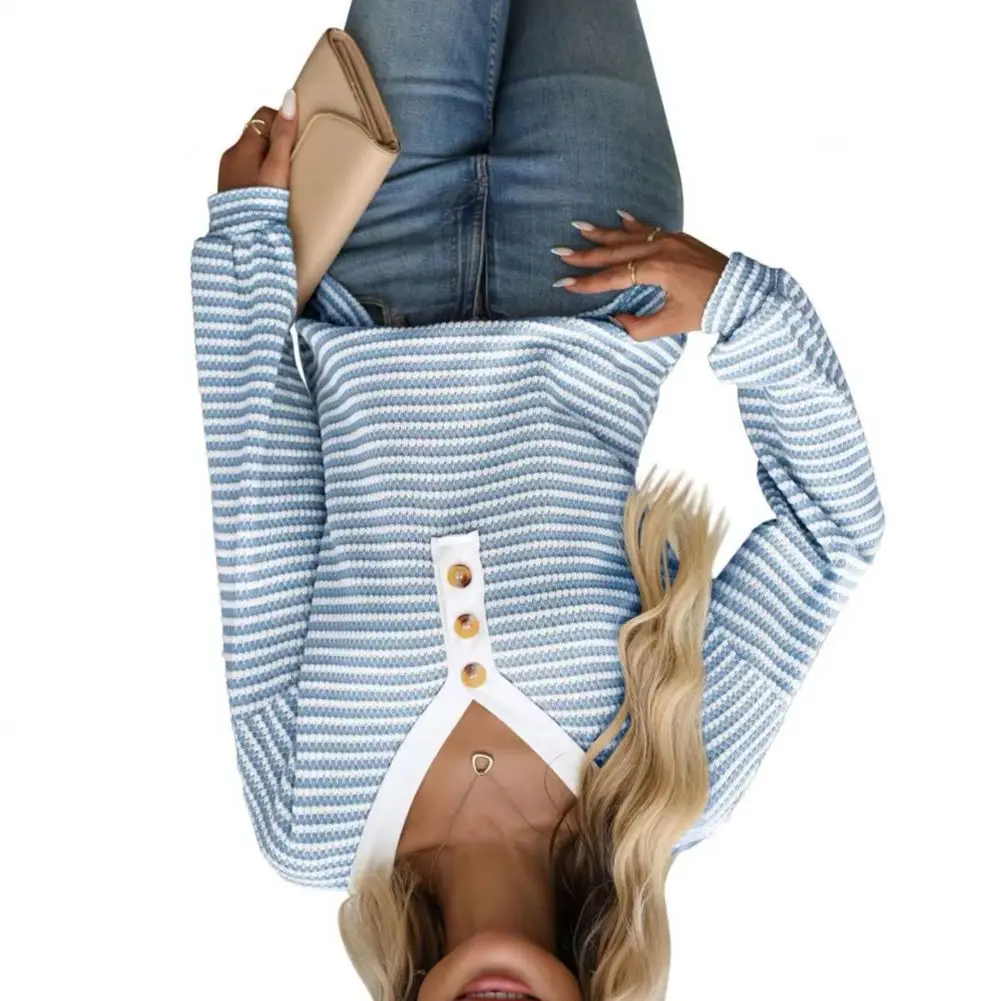 Women Blouse V-neck Detachable Button Color Block Long Sleeve T-shirt Button-up Splice Casual Long Sleeve Colorblock T-Shirt