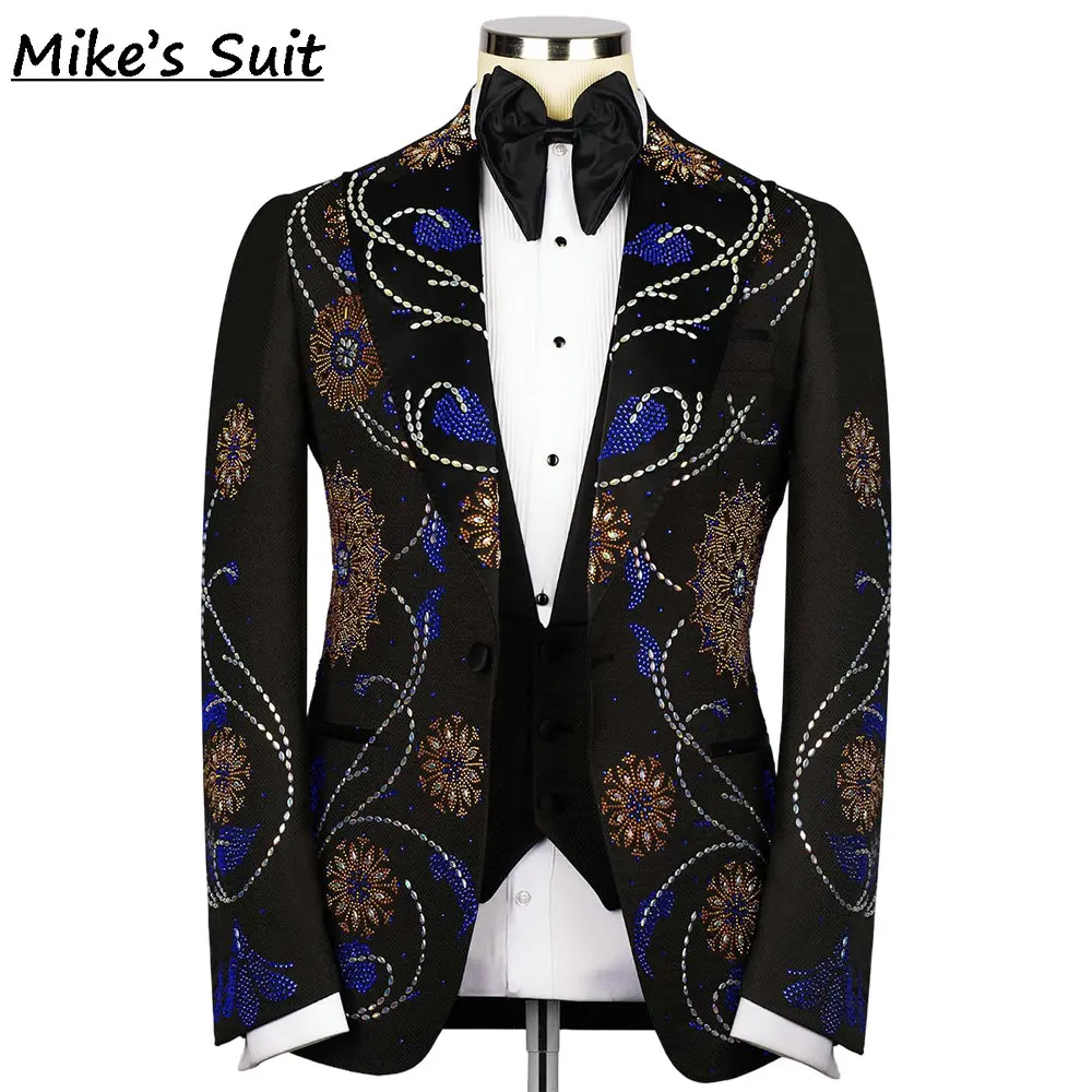 Black Formal Men Suits Luxury Colorful Beading For Prom Wedding Groom Tuxedo 2 Pieces Man Suit Jacket And Pants Custom Made