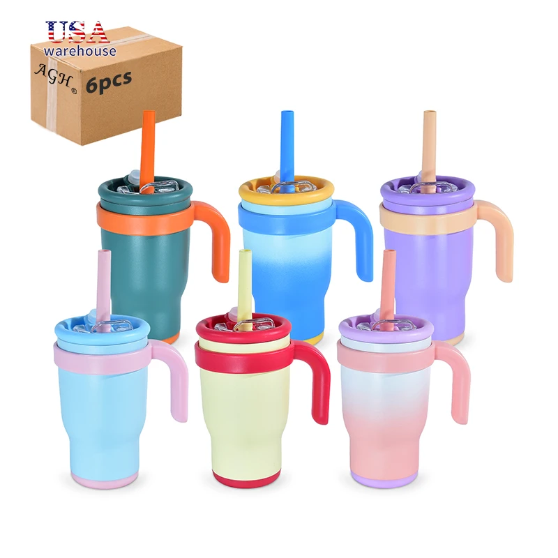 

6pcs 14oz Kids Water Bottle Double Wall Powder Coated Tumbler with Handle and 2in1 Lids he