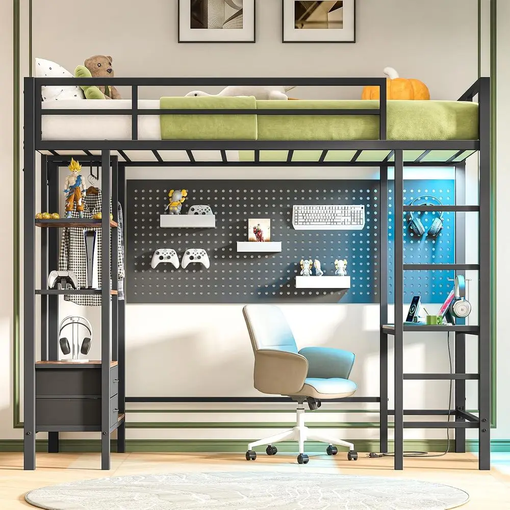 -For Metal Loft Bed with Desk, Charging Station, LED Lights, Storage Shelves, Drawers, Safety Guard, and Clothes Rail in Black&