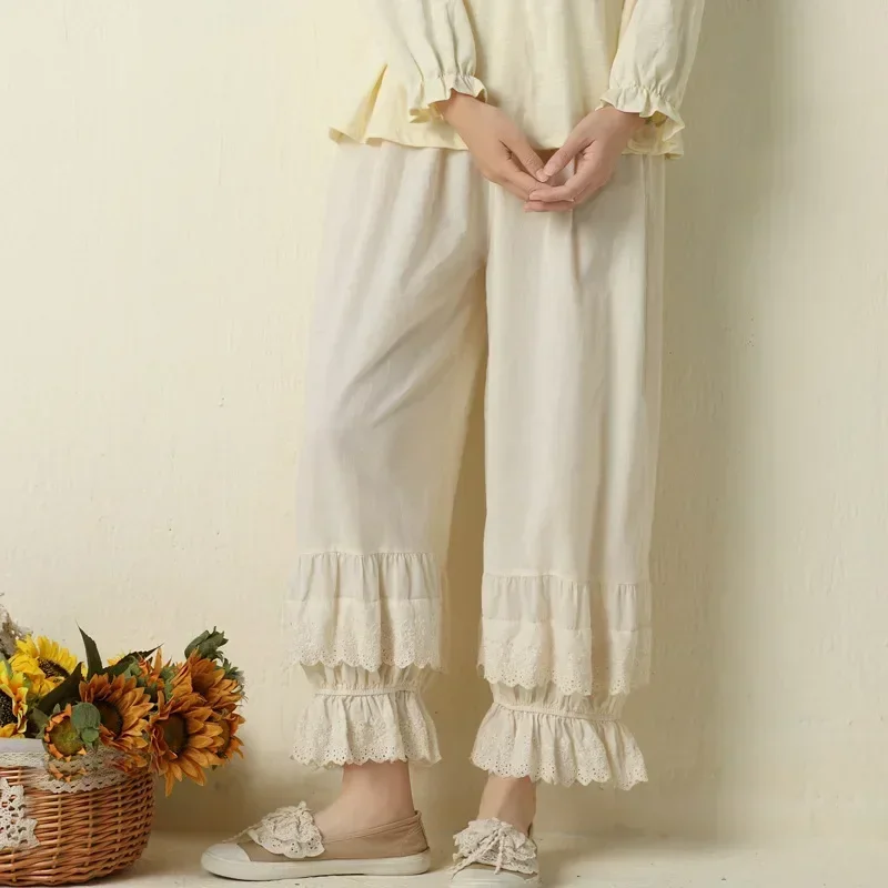 100% Cotton Female Vintage Ruffled Lace Hem Loose Bloomers Pants Teenager Japanese Mori Girl Sweet Victorian Steampunk Pants