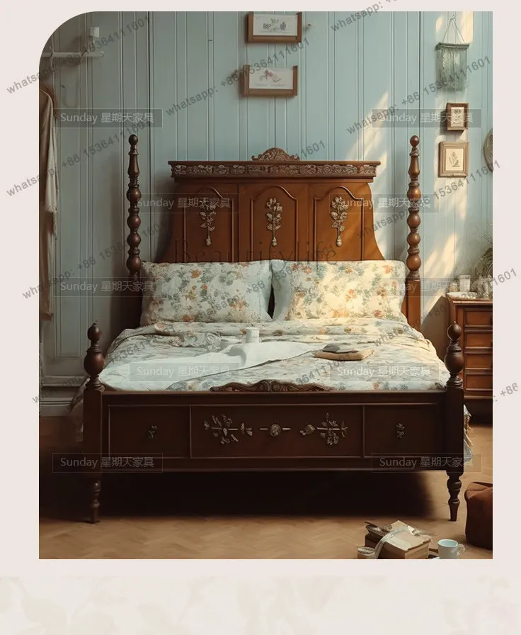 Neoclassical carved Roman column princess bed French light luxury retro double solid wood bed